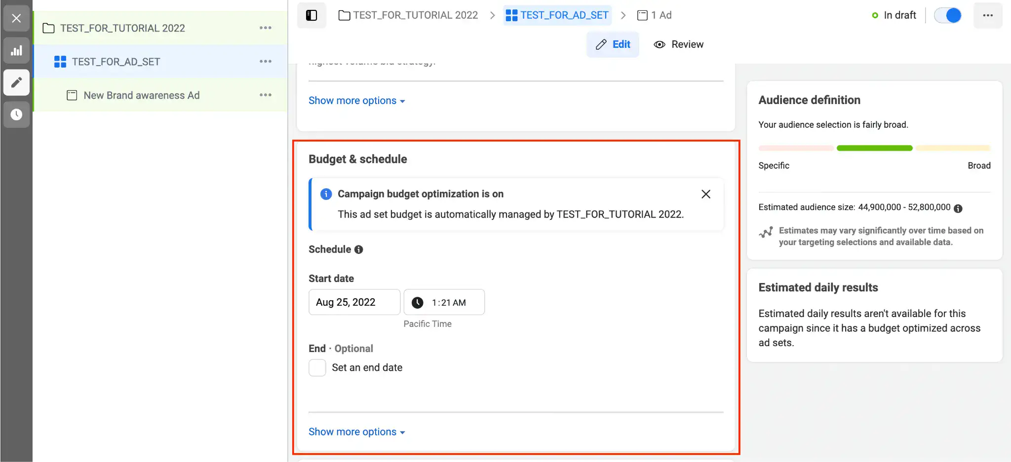 วิธียิงแอด Facebook Budget & Schedule