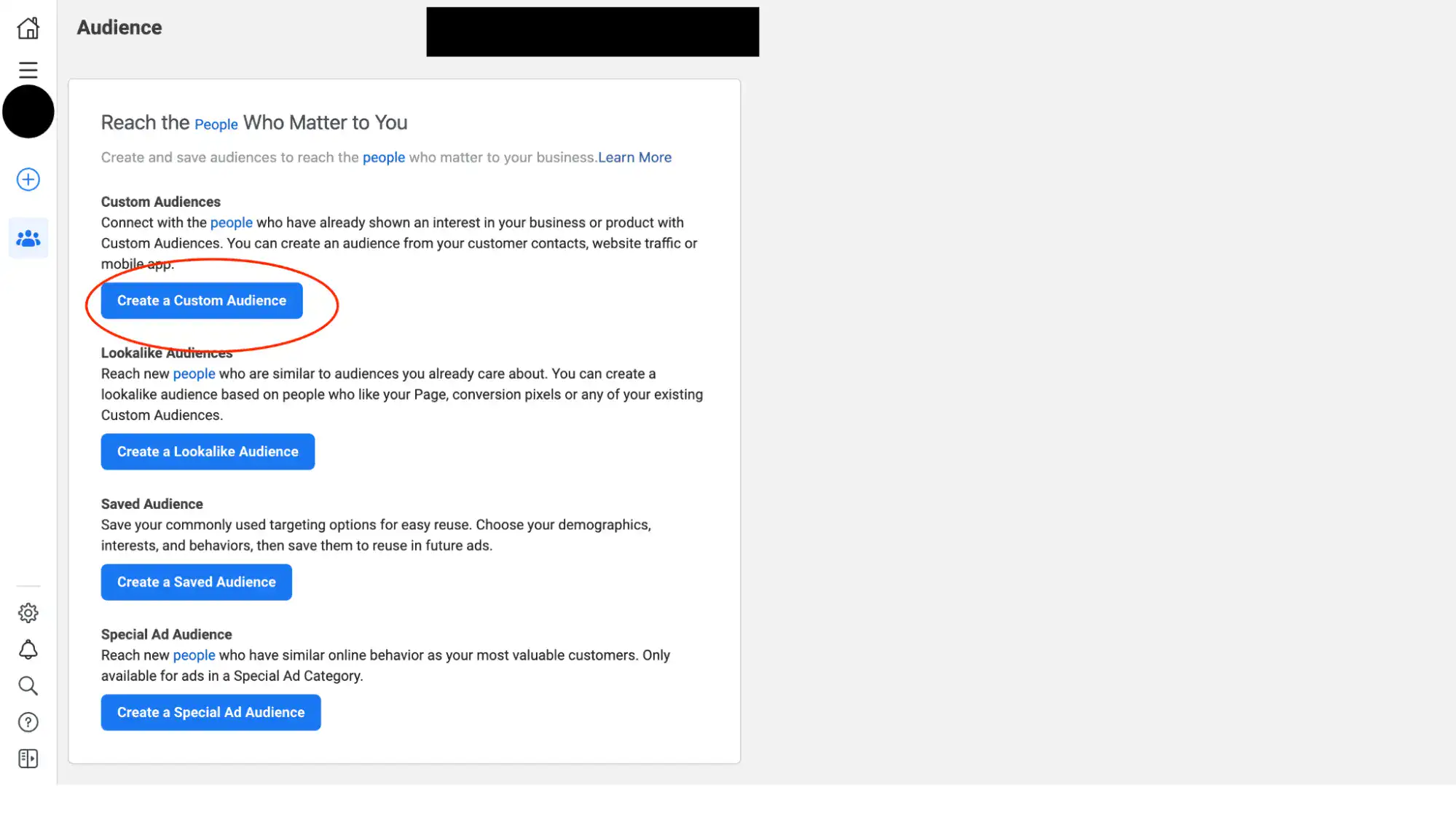 เลือก Create a Custom Audience