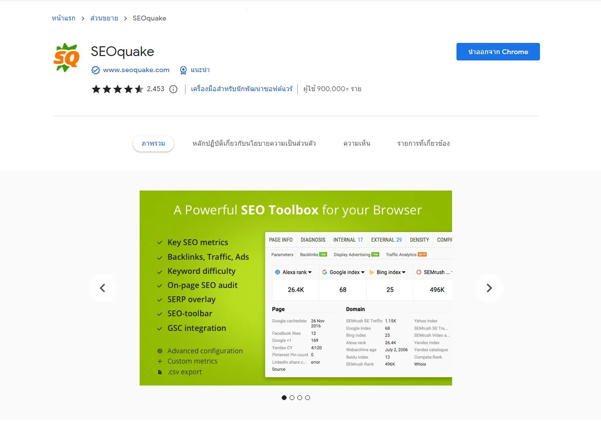 SEOquake ปลั๊กอิน ที่เปิดให้ดาวน์โหลดผ่าน Chrome ใช้ตรวจประเมินหน้าเว็บไซต์ 