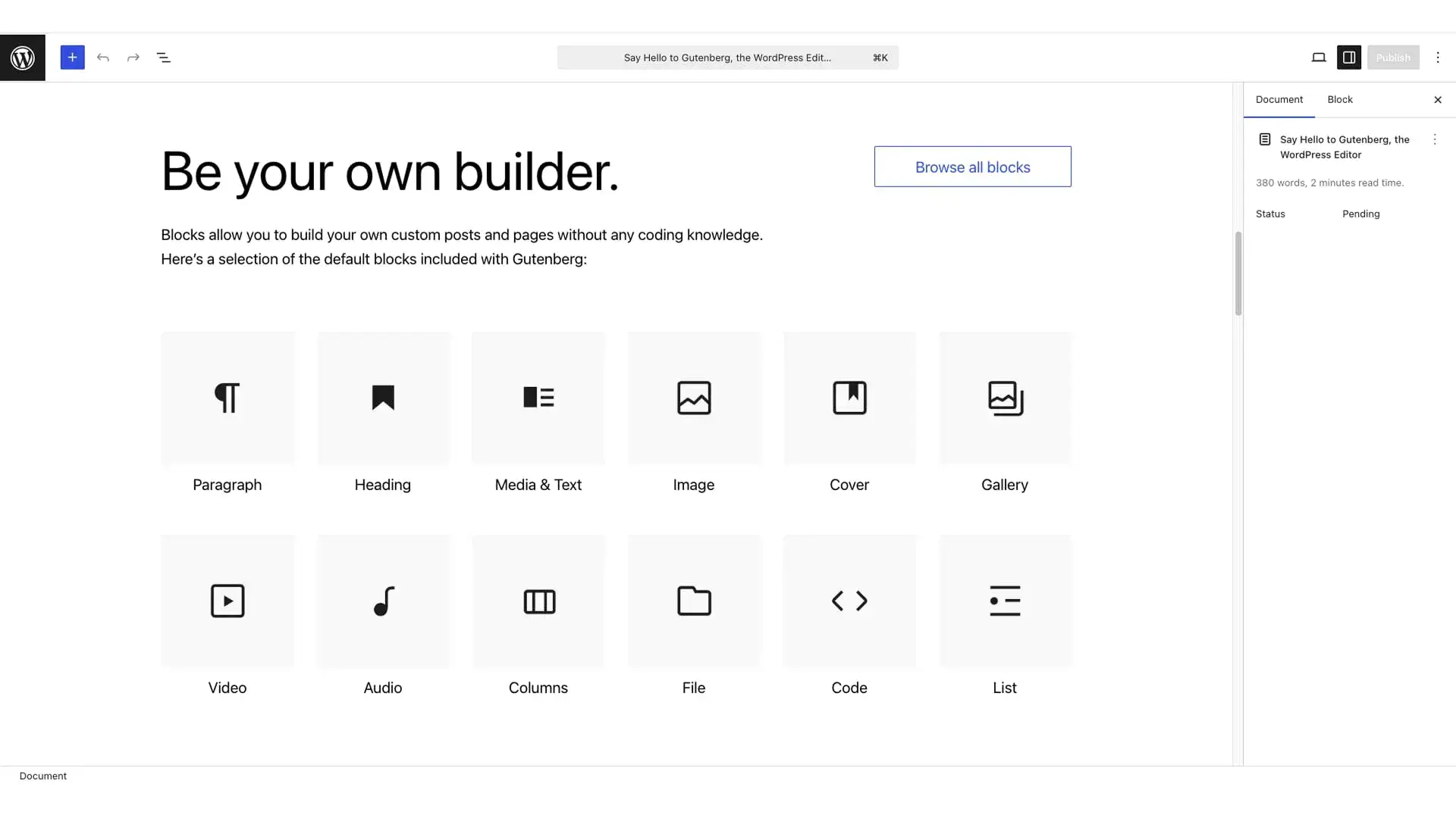 หน้าตาของ Gutenberg Block Editor ที่ดูเรียบง่าย